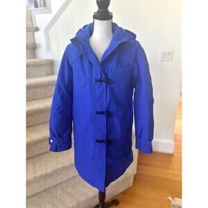 Lands End Cobalt Blue Toggle Button Fisherman Fleece Lined Rain Coat